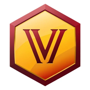 hexagon emblem with a thick yellow-to-gold outline and a dark red gradient inside. In the center, place a bold capital letter V in the same yellow-to-gold gradient as the outline. Keep the shapes clean and geometric, with smooth color transitions and no background color. sticker