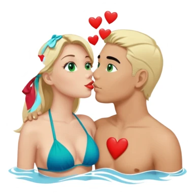 Blonde Queen with crown Green eyes blue Bikini whole body Kissing man black Hair Hearts sticker