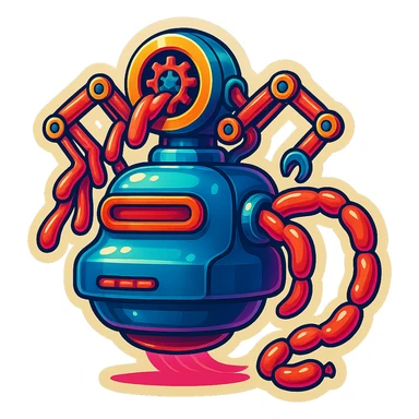 sausage-processing droid. retro-futuristic style. top is a large circular industrial grinder rotating gears and blades. Two robotic arms feed material into grinder. Sausage links extrude from the rear like  factory. The body is metallic, compact, and floats above the ground.no legs. Dark humor sticker