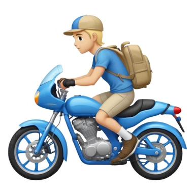 A blond guy in a cap and with a backpack on his back rides a blue sports bike sticker