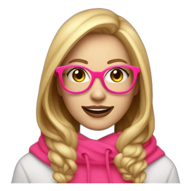Joyful white woman with a fluorescent pink hood and playful, passionate about programming and art, blond hair red lip round and black eyeglasse sticker