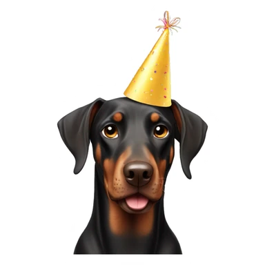 Doberman with a birthday hat sticker