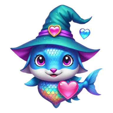 Make the rainbow fish glow with a magical aura and change the blue fox to a neon teal color, keep the purple sparkly witch hat, magical background, and big pink heart in vibrant toon style. sticker