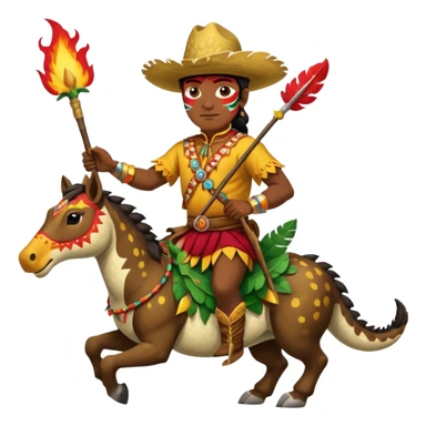 Male Chief Osceola wearing traditional Seminole garb and face paint , riding Appaloosa horse and planting a spear with feathers and flames on tail, into an alligator sticker
