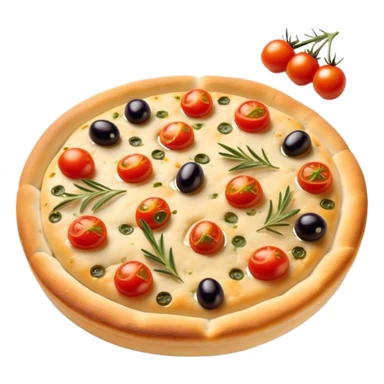cinematic-realistic-focaccia-bread-dish-emoji,-depicted-as-a-golden,-olive-oil-brushed-flatbread-sprinkled-with-herbs-rendered-with-lifelike-texture-and-soft,-appetizing-lighting showing olives on top and the cherry tomatoes sticker