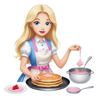 Cinematic realistic beautiful blonde with long hair, blue eyes and pink lips in a white dress cooks pancakes sticker