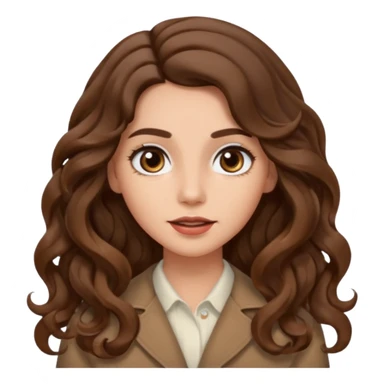 She has long, brown hair styled in soft wavy curls with a middle part. She has well-shaped eyebrows and dark brown eyes. She is wearing light makeup that highlights her natural beauty and is offering a slight smile to the camera. She is surprise sticker