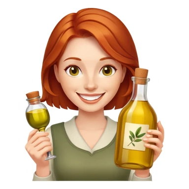 redhead woman with big smile holding olive oil bottle sticker