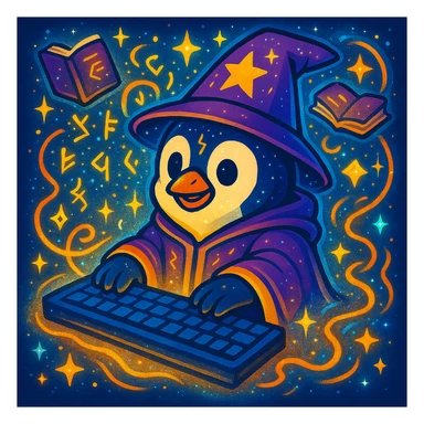 Make the penguin wizard scene even more magical, with glowing runes, swirling sparkles, floating spellbooks, and a shimmering aura around the penguin and keyboard. Enhance the magical atmosphere with vibrant mystical effects. sticker