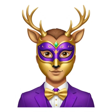 a man, with a purple suit,  wear half-face golden Deer masquerade mask sticker