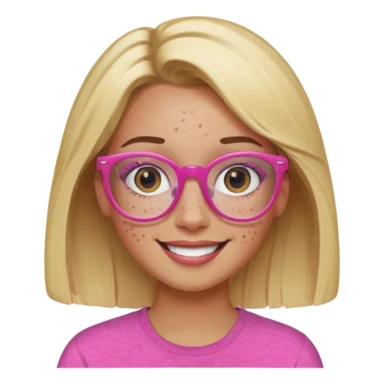 Innocent blonde woman with black eyes and light  brown skin and pink glasses and freckles smiling  sticker