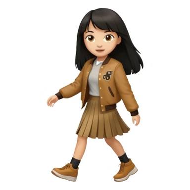 black color long hair with fringe, light skin long hair girl with brown varsity jacket and long skirt walking

 sticker