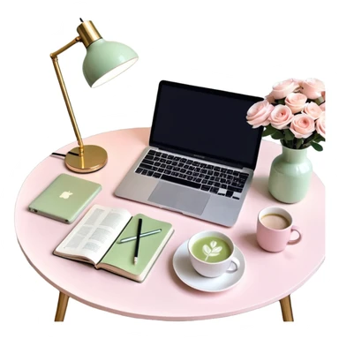 seeing a working from home desk from above with a macbook computer, fashion/interior magazines, flowers in a little vase, louis poulsen portable lamp with a dimmed cozy light and a iced matcha. very girly aesthetic sticker
