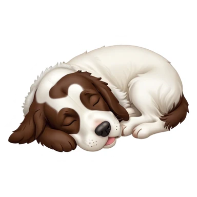 Meme-Worthy Cute Sleeping Springer Spaniel Portrait Emoji, Head resting peacefully with a contented smile, showcasing a delightfully agile build and a luxuriously soft liver and white Fur, eyes shut in a serene nap, Simplified yet hilariously adorable features, highly detailed, glowing with a soft, drowsy light, high shine, relaxed and utterly lovable, stylized with an air of playful laziness, bright and heartwarming, soft glowing outline, capturing the essence of a comically sleepy companion, so meme-worthy it feels like it could instantly become the next viral sensation of adorable slumber! sticker