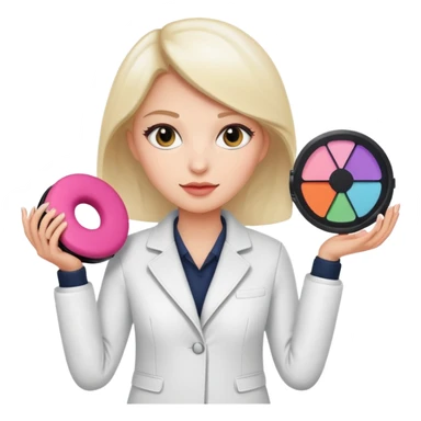 female researcher in a white jacket displaying a makeup cushion innovative tech sticker