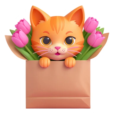 A cute orange kitten peeking out of a paper bag filled with pink tulips, in 3D iOS emoji style with soft gradients and glossy finish, no background. sticker