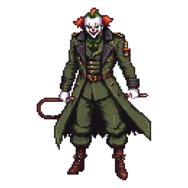 evil clown soldier, bald, small black horns on forehead, fangs, pointed ears, eye patch over one eye, long coat over black and military green clothes with bellbottom pants, tail, holding an Indiana Jones-style whip, realistically proportioned, less bulky, full body, fighting stance sticker