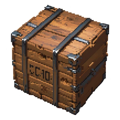 Wooden crate with metal reinforcements, color #c2410c with darker wood grain, visible wood grain texture, metal bands across the crate, slight 3D effect with shading, breakable appearance, small warning symbol, 32x32 pixels sticker