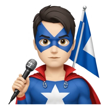 Québécois rockstar w super hero style costume and face paint man w Quebec flag and microphone sticker