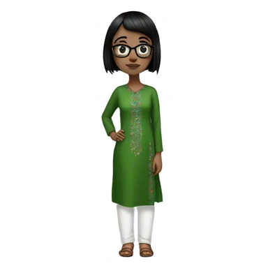 White girl in a green kurta with flower design, glasses, alot of piercing, gay, red lips, nose ring, full body, short straight black edgar hair, black straight hair, front bangs sticker