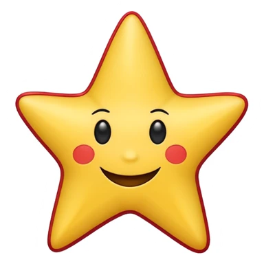 A friendly, cartoon-style yellow star with a cheerful, smiling face. The star should have smooth, rounded edges and a soft red outline along its right side and bottom edge. Its expression includes two small curved black eyes, a small curved eyebrow, and a wide, friendly black smile sticker