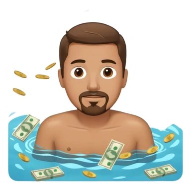 Man with short brown hair and a goatee swimming and a pile of money sticker