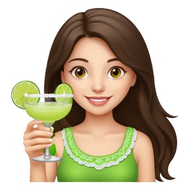 happy long haired brunette girl hazel eyes in light pink holding a margarita   sticker