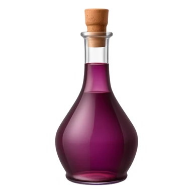 clear glass bottle filled with deep reddish-purple vinegar, slightly translucent, rich hue, upright, smooth curves, narrow neck, simple neutral cork or cap, no label, soft lighting, subtle shadows, transparent background, emoji scale sticker