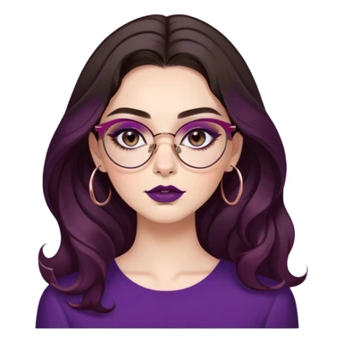 young woman with fair skin, brown almond shaped eyes with smoky eyeliner and long eyelashes, full arched eyebrows, long dark brown wavy hair with purple tips, rose gold cat eye glasses, a downturned nose with a ring in the left nostril and full lips with dark berry lipstick sticker