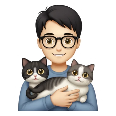 Young man with warm yellow-toned skin, long face, black back-length hair, large eyes, thin-rimmed square glasses, smiling gently while holding a grayish-white Munchkin cat with short legs and a gray patch under its mouth sticker