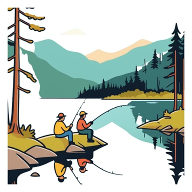 two men fishing at a forest lake sticker
