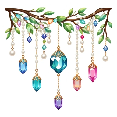 Exotic colorful romantic Few cute tiny Iridescent glistening glossy sparkly shiny glittery hanging crystals pearls and beads and gemstones scenery scenic decorations with branches and flowers sticker