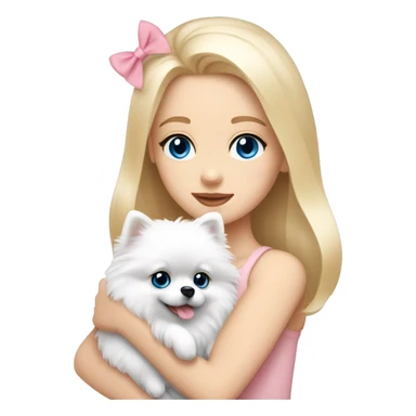 Blond girl white skin blue eyes hugging white Pomeranian with light pink bow sticker