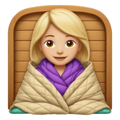 Create an iOS‑style emoji of a girl wrapped in a thick quilted blanket, smiling calmingly with a relaxed, cozy cabin vibe and soft lighting. sticker