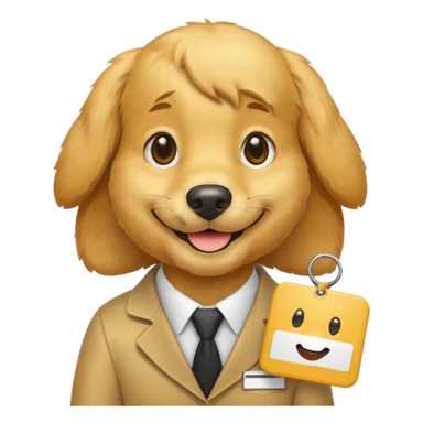 golden retriever receptionist emoji, wearing a name tag, friendly face, minimal details sticker