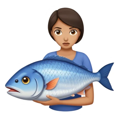 Annoyed Brunette Woman carries huge fish sticker