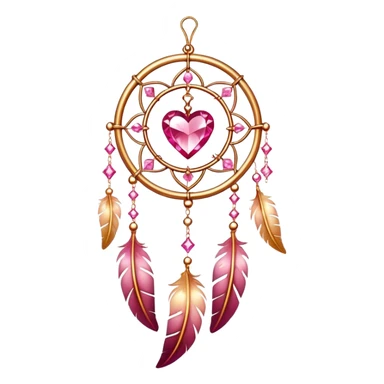 Reddish-pinkish and golden warm-colored romantic lush beautiful pretty hanging crystal-catcher aesthetic with hearts and sparkles and feathers sticker