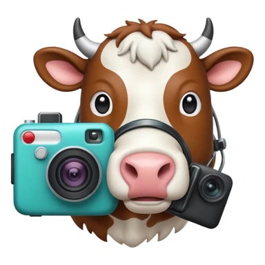 Emoji-style icon showing a cow and buffalo with a camera and image-upload symbol, representing taking a photo or selecting a file for breed detection. Simple, friendly, rounded design, clear at small sizes, teal and white accents, no text, transparent background. sticker