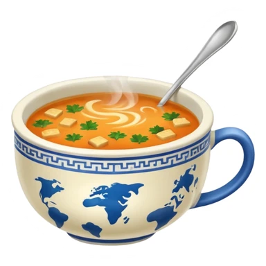 a cup of soup with world pattern sticker