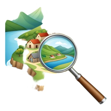 An icon featuring a magnifying glass over a local map, with a small village, traditional house, and natural landmarks like a river and hill, symbolizing local history and geography. Transparent background highlights the study of native land, culture, and heritage. sticker