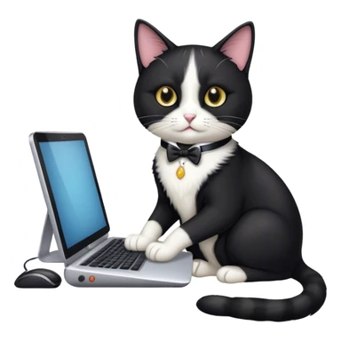 a tuxedo cat work on a computer sticker