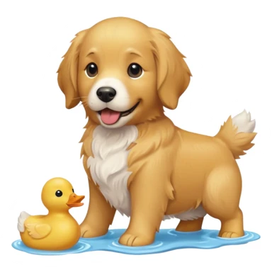 Golden retriever dog with a toy duck sticker