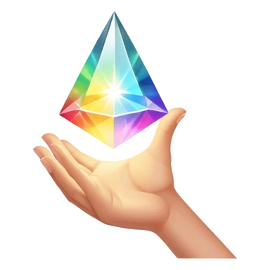Pov white tone skin hand holding a glowing prism refracting light.  Only the hand should be displayed, nothing else.  sticker