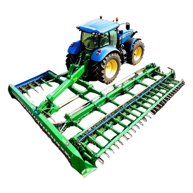 Bourgault 3420 Paralink Hoe Drill (2022) – Cinematic-realistic John Deere 6155M tractor hauling a Bourgault 3420 Paralink Hoe Drill, its powerful green frame pulling the vast blue seeder across endless fields. The machine plants seeds with pinpoint accuracy, leaving precise rows in the rich brown soil,  sticker