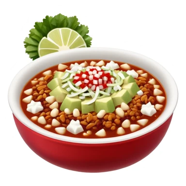 A delicious hot bowl of pozole rojo emoji. Steam rising. Hominy visible. Place the sides next to the bowl: chopped onions, shredded cabbage, lime wedges, red chile de arbol salsa, and full round tostadas sticker