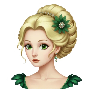 lady with Pale complexion, sharp features, high cheekbones, Blonde hair, green eyes, Regency-era elaborate updo, voluminous hairstyle, feathered ornaments sticker