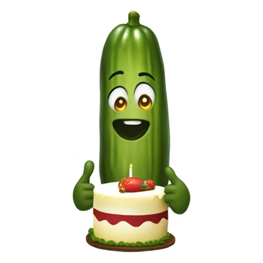 A pickle carrying a cake that says "omg" on it sticker