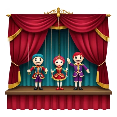 IIcon for Puppet Theater: a puppet stage with colorful marionettes, strings, and theatrical curtains. The icon should capture the whimsical and playful nature of puppet theater, with a focus on the characters and craftsmanship. Transparent background. sticker