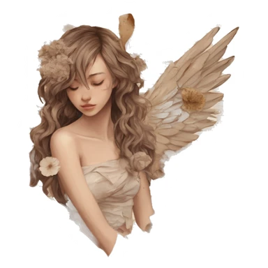 Library book bookworm academia aesthetic beige angel broken angel fallen angel tattoos with broken wing damaged wing torn wing, made of newspaper cuttings and dried flowers brown flowers sticker