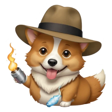 Corgi with a fedora and a joint sticker